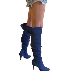 Navy Royal blue slouchy knee high faux suede boots pointed toe like new 8